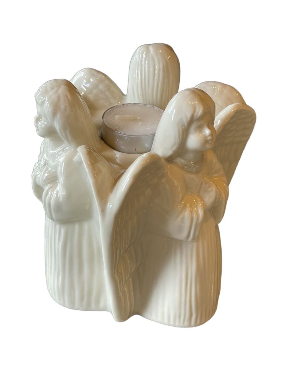 Vintage Holly Tree Porcelain Angel Votive Tealight Candle Holder - Off-White